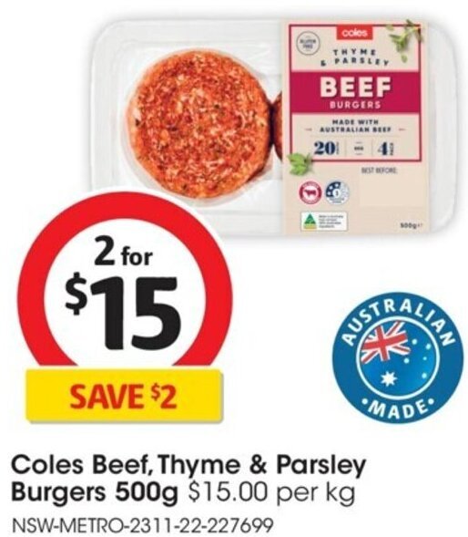 Coles Beef, Thyme & Parsley Burgers 500g offer at Coles