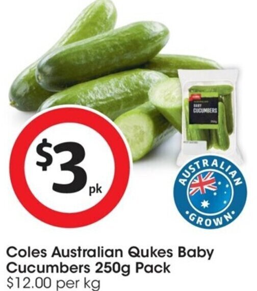 Coles Australian Qukes Baby Cucumbers 250 g offer at Coles