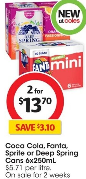 Coles Coca Cola, Fanta, Sprite or Deep Spring Cans 6x250ml offer