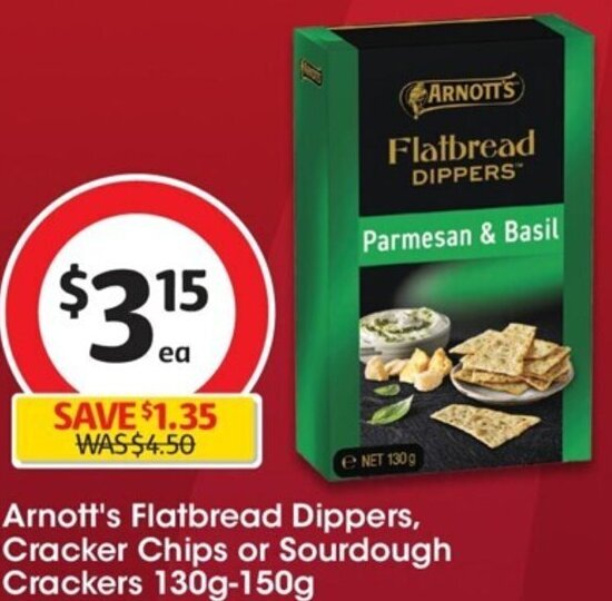 Arnott's Flatbread Dippers, Cracker Chips or Sourdough Crackers 130g