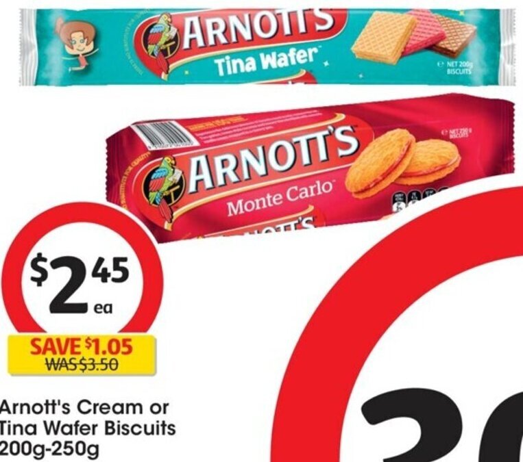 Arnott's Cream or Tina Wafer Biscuits 200g 250g offer at Coles