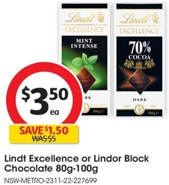 Lindt Excellence or Lindor Block Chocolate 80g-100g