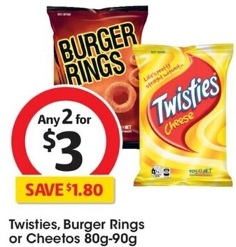 Coles Twisties, Burger Rings or Cheetos 80g-90g offer