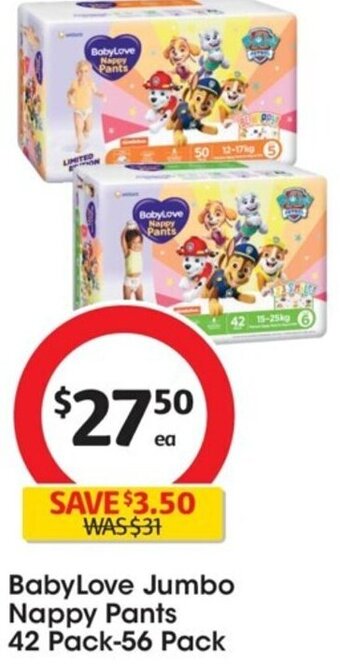 Coles BabyLove Jumbo Nappy Pants 42 Pack-56 Pack offer