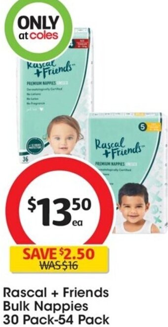 Coles Rascal + Friends Bulk Nappies 30 Pack-54 Pack offer