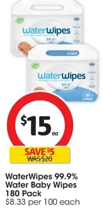 Coles WaterWipes 99.9% Water Baby Wipes 180 Pack offer