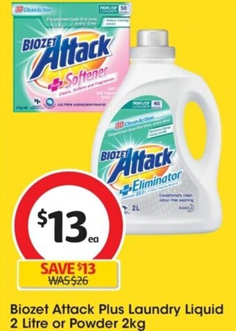 Coles Biozet Attack Plus Laundry Liquid 2 Litre or Powder 2kg offer
