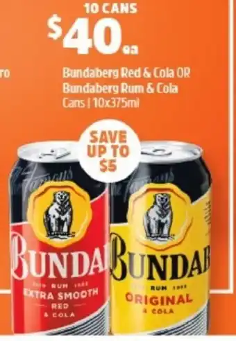 BWS Bundaberg Red & Cola or Bundaberg RUm & Cola Cans 10x375ml offer