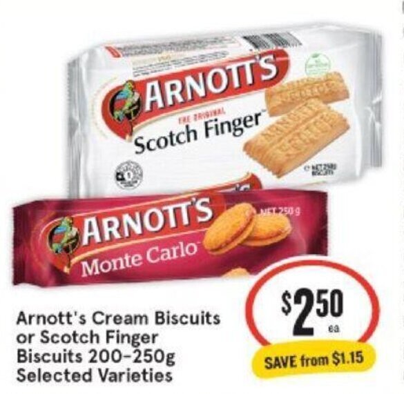 Arnott's Cream Biscuits or Scotch Finger Biscuits 200250g offer at IGA