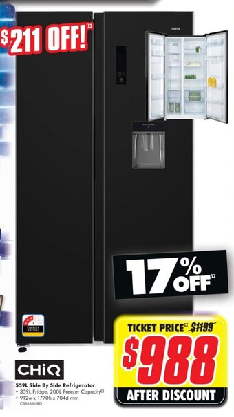 The Good Guys Chiq 559L Side By Side Refrigerator offer