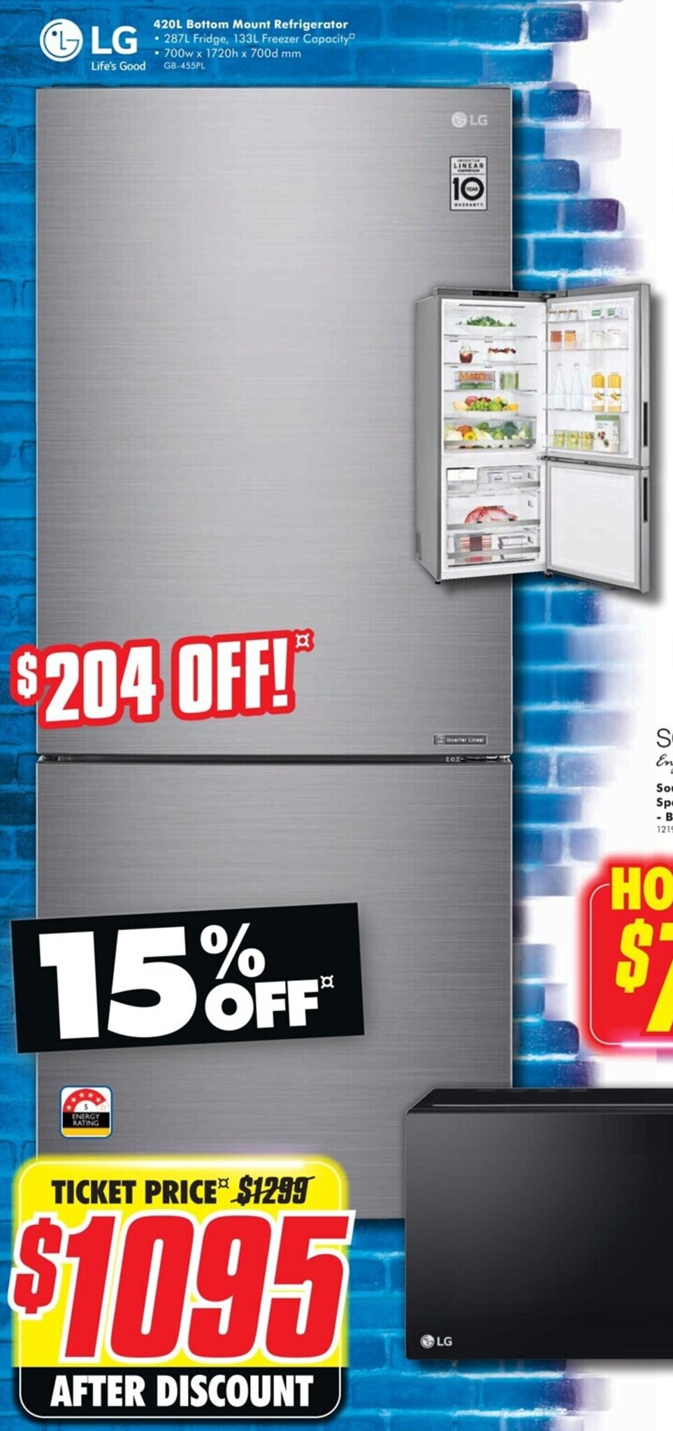 LG 420l Bottom Mount Refrigerator offer at The Good Guys