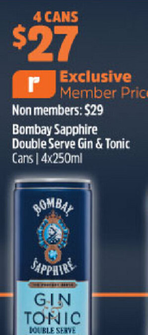 BWS Bombay Sapphire Double Serve Gin & Tonic 4x250ml offer