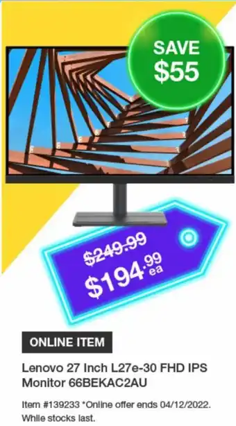 Costco Lenovo 27 Inch L27e-30 FHD IPS Monitor offer