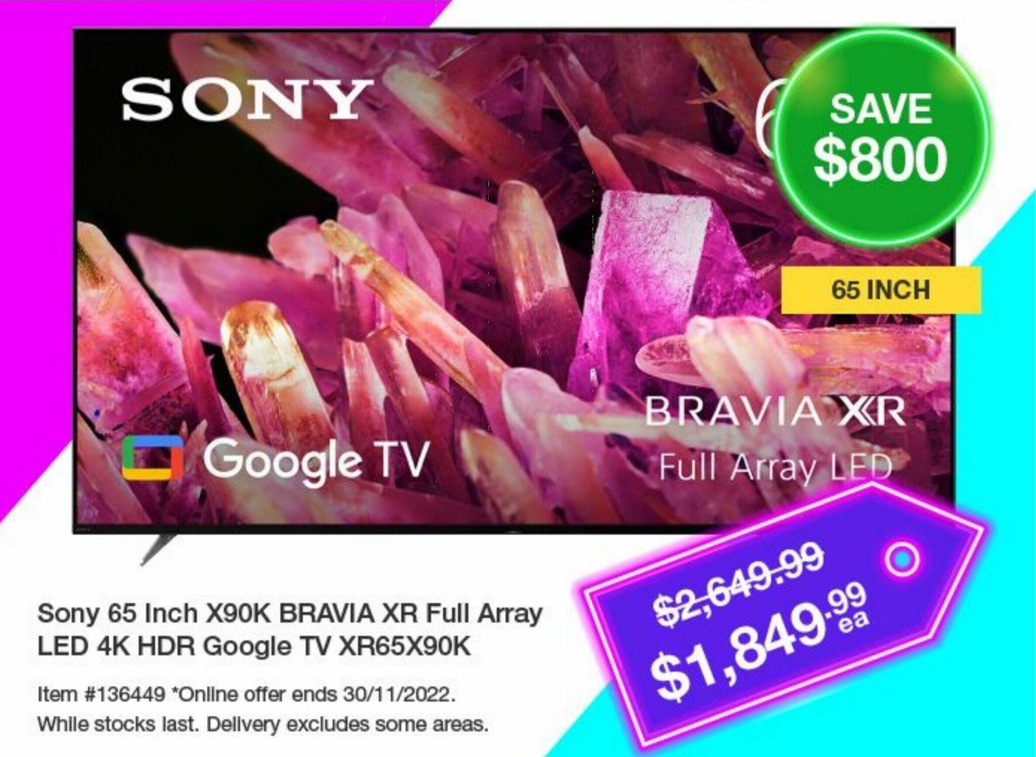 Sony 65 Inch X90K Bravia XR Full Array LED 4K HDR Google TV offer at Costco