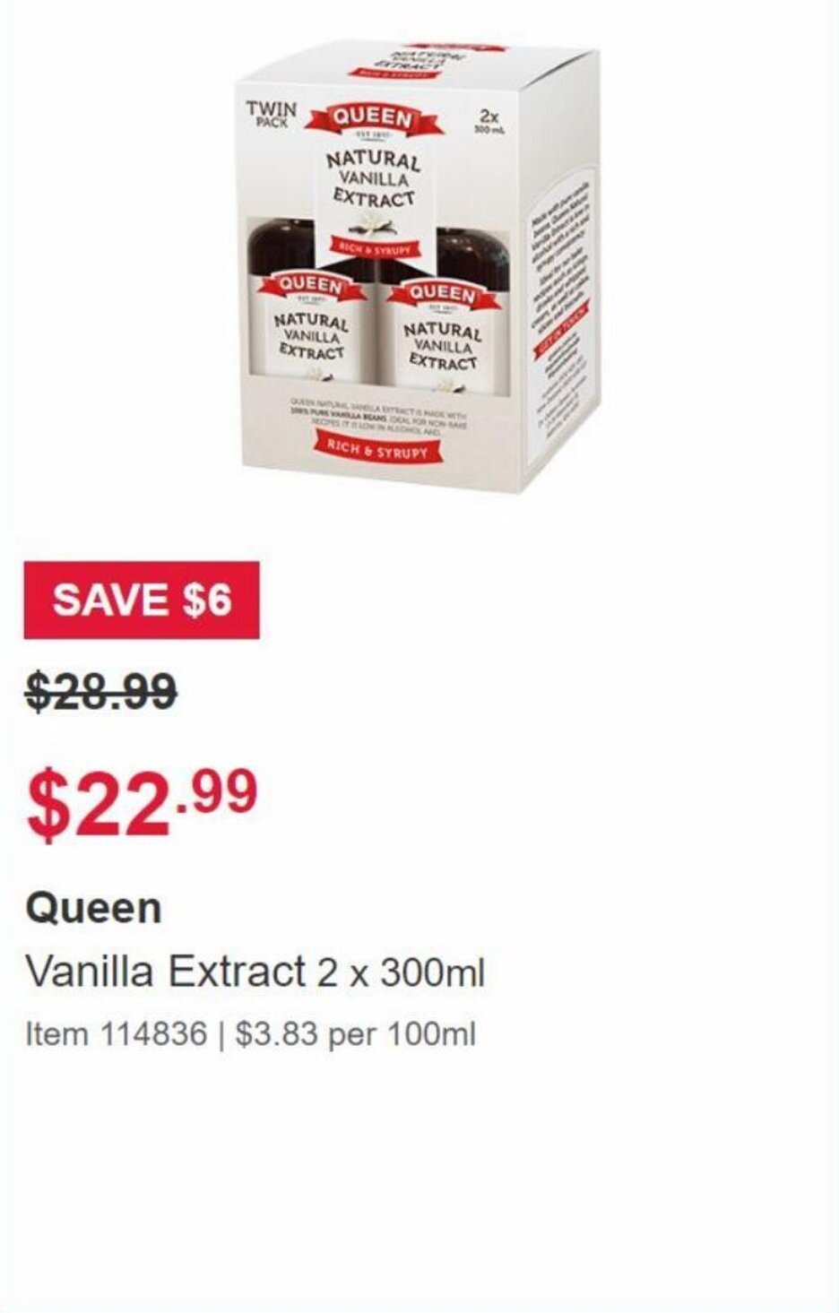 Queen Vanilla Extract 2x300ml offer at Costco