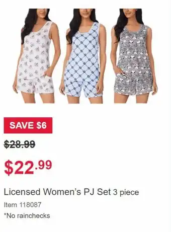Costco Licensed Women's PJ Set 3 Piece offer