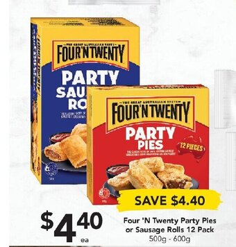 Drakes Four 'N Twenty Party Pies or Sausage Rolls 12 Pack 500g-600g offer