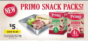 Drakes Primo Snack Packs Mild Twiggy or Cabanossi Bites 4 Pack 120g offer
