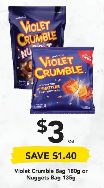 Drakes Violet Crumble Bag 180g or Nuggets Bags 135g offer