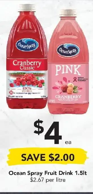 Drakes Ocean Spray Fruit Drink 1.5 Litre offer