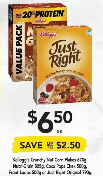 Drakes Kellogg's Crunchy Nut Corn Flakes 670g, Nutri-Grain 805g, Coco Pops Chex 500g, Froot Loops 500g or Just Right 790g offer