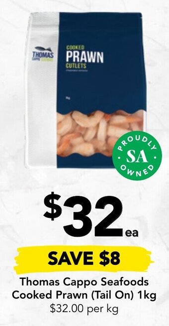 Drakes Thomas Cappo Seafoods Cooked Prawn (tail on) 1kg offer