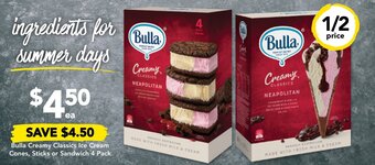 Drakes Bulla Creamy Classics Ice Cream Cones, Sticks or Sandwich 4 Pack offer