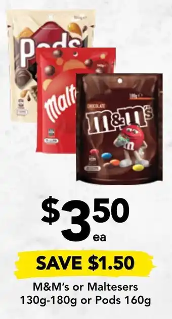 Drakes M&M's Maltesers 130-180g or Pods 160g offer