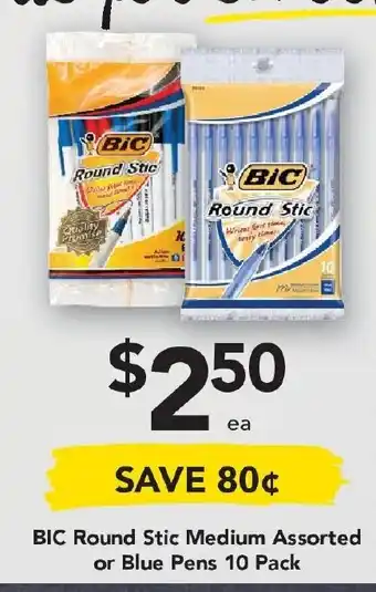 Drakes BIC Round Stic Medium Assorted or Blue Pens 10 Pack offer