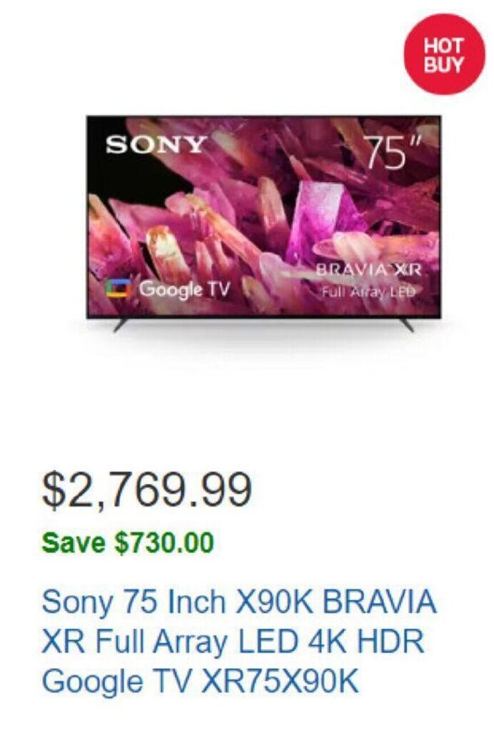 Sony 75 Inch X90K Bravia XR Full Array LED 4K HDR Google TV offer at Costco