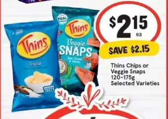 IGA Thins Chips or Veggie Snaps 120-175g offer