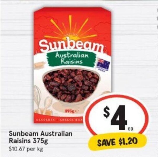 Sunbeam Australian Raisins 375g offer at IGA
