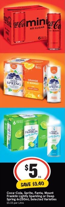 IGA Coca-Cola, Sprite, Fanta Mount Franklin Lightly Sparkling or Deep Spring 6x250ml offer