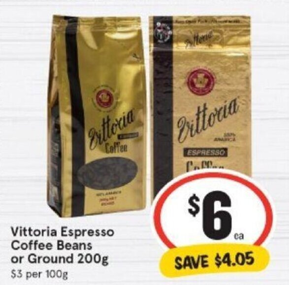Vittoria Espresso Coffee Beans or Ground 200g offer at IGA