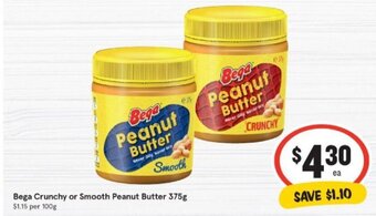 IGA Bega Crunchy or Smooth Peanut Butter 375g offer