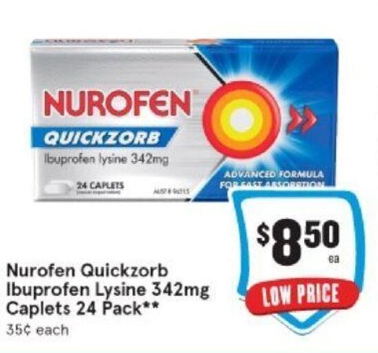 Nurofen Quickzorb Ibuprofen Lysine 342mg Caplets 24 Pack offer at IGA