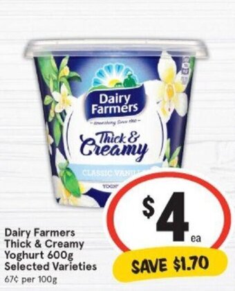 IGA Dairy Farmers Thick & Creamy Yoghurt 600g offer