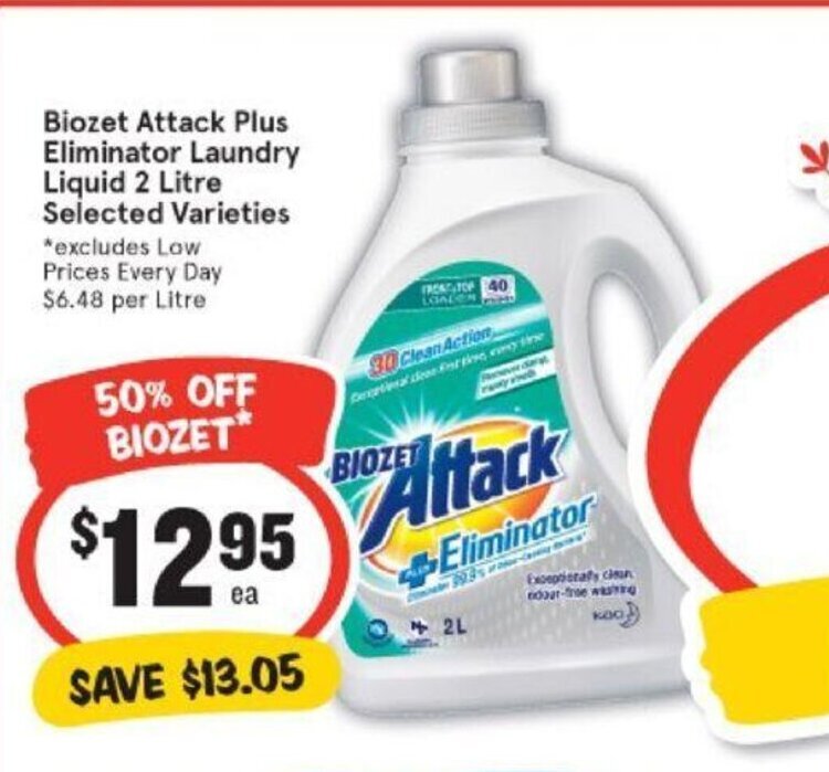 Biozet Attack Plus Eliminator Laundry Liquid 2 Litre offer at IGA