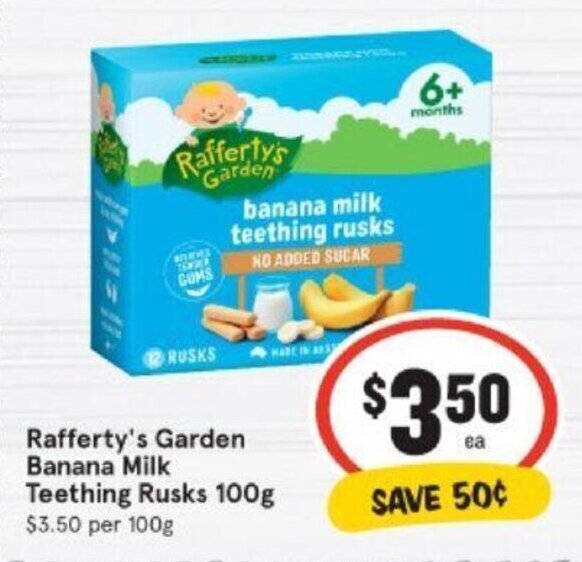 Rafferty's Garden Banana Milk Teething Rusks 100g offer at IGA