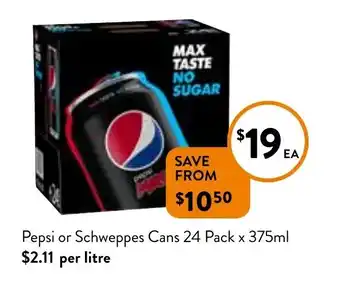 Foodworks Pepsi or Schweppes Cans 24 Pack x375ml offer