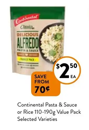 Foodworks Continental Pasta & Sauce or Rice 110-190g Value Pack offer