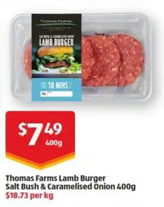 ALDI Thoomas Farms Lamb Burger Salt Bush Caramelised Onion 400g offer