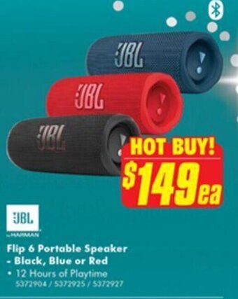 The Good Guys JBL Flip 6 Portable Speaker - Black,Blue or Red offer
