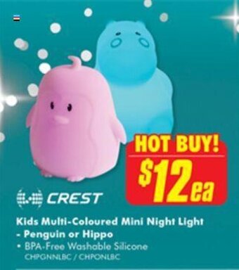 The Good Guys Crest Kids Multi- Coloured Mini Night Light - Penguin or Hippo offer
