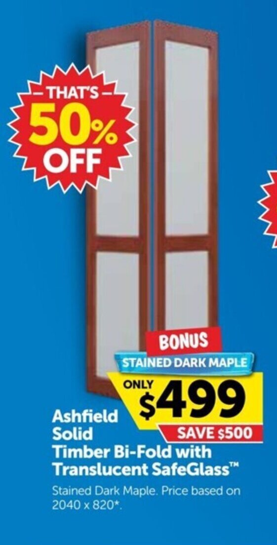 Ashfield Solid Timber BiFold with Translucent SafeGlass offer at Doors
