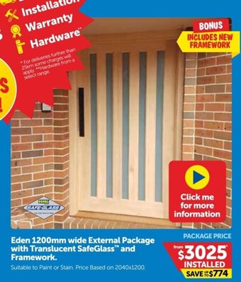 Doors Plus Eden 1200mm Wide External Package with Translucent SafeGlass and Framework offer
