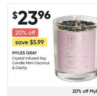 healthylife Myles gray crystal infused soy candle mini coconut & clarity offer