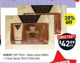 Chemist King Guess edt 75ml + body lotion 200ml + travel spray 15ml 3 piece set offer