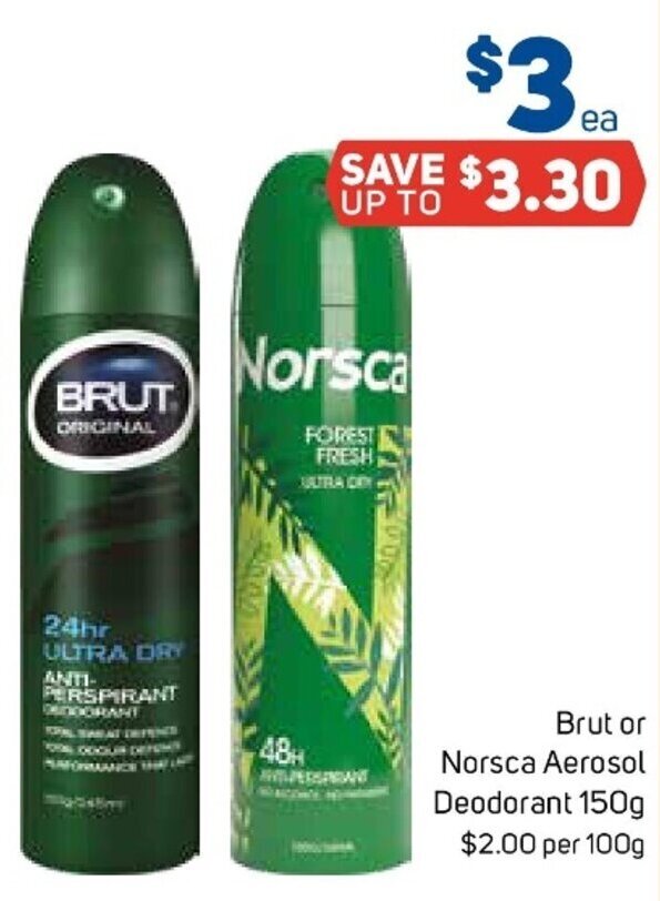 Brut or Norsca Aerosol Deodorant 150g offer at Foodland