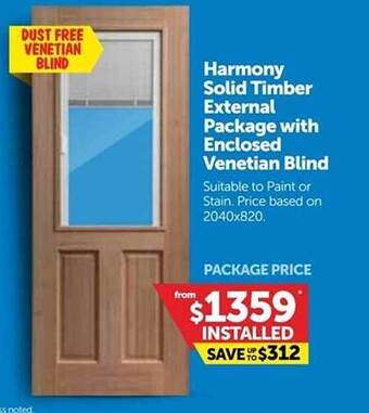 Doors Plus Harmony solid timber external package with enclosed venetian blind offer